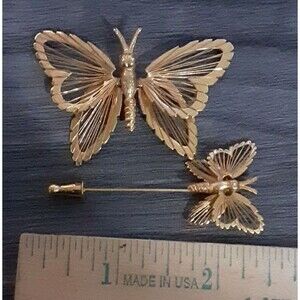 Vintage 3D Monet Filigree Butterfly Brooch Gold Tone Matching Stick Pin Set